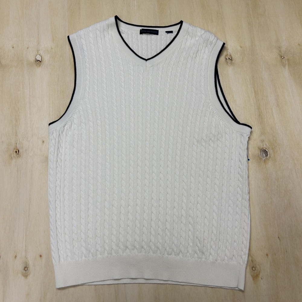 John Ashford Sweater Vest Womens Large White Cable Knit V Neck Contrast Pullover